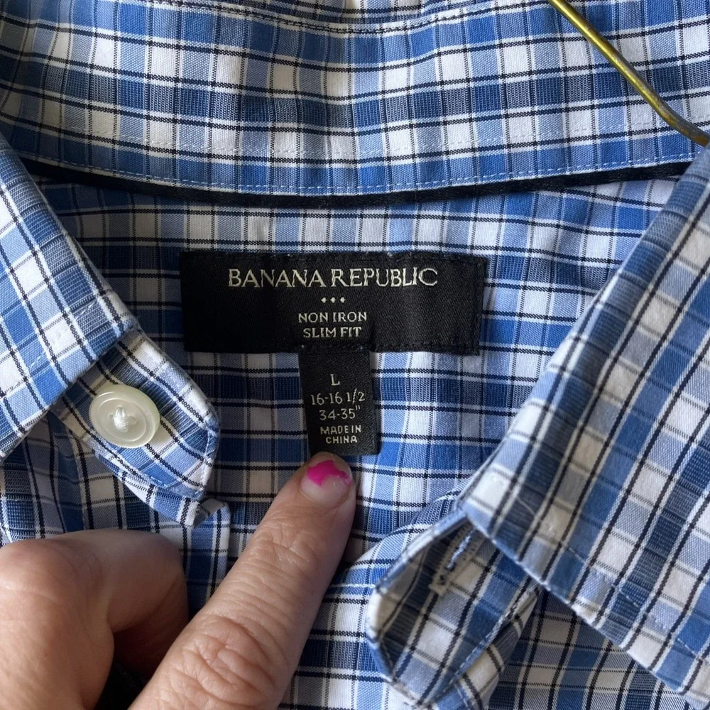 Banana Republic Cotton Non Iron Blue Plaid Long Slv Shirt Large 16 16.5 Slim Fit